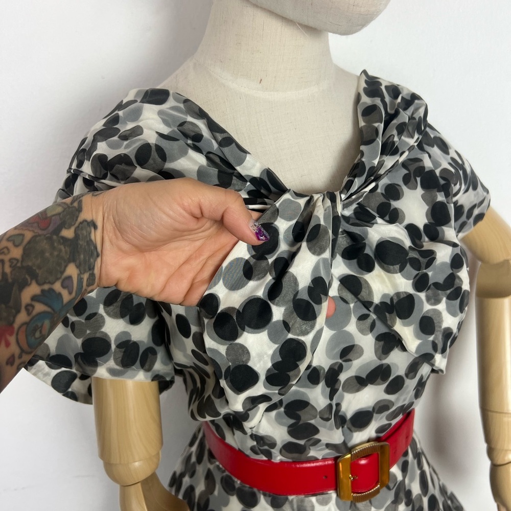 1950’s Vintage BLACK & WHITE Polkadot Polka Dot Chiffon Overlay Party Dress L XL - Picture 4 of 16